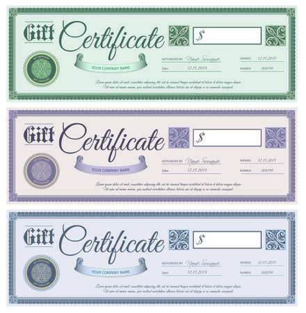 Gift promotion wedding certificates with filigree decor ornament set isolated vector illustrationのイラスト素材