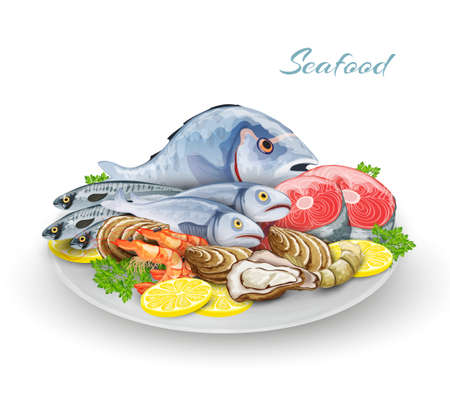Seafood plate with delicacy gourmet fish restaurant products composition vector illustrationのイラスト素材