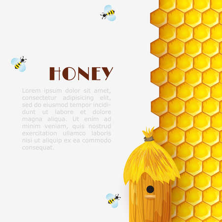 Honey background with hexagon honeycomb beehive and bumblebees insects vector illustrationのイラスト素材