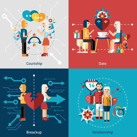 Dating flat icon set with courtship relationship breakup isolated vector illustrationのイラスト素材