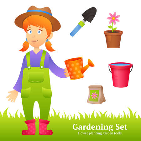 Farmer woman with decorative gardening icons set vector illustrationのイラスト素材