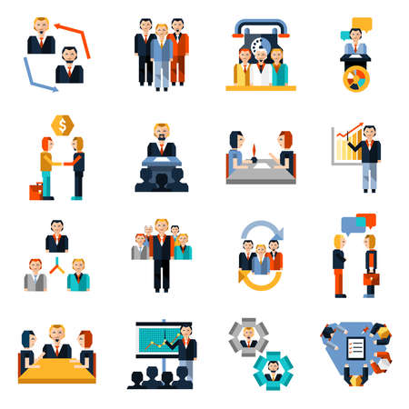 Meeting icons set with teamwork contract discussion group collaboration elements isolated vector illustrationのイラスト素材