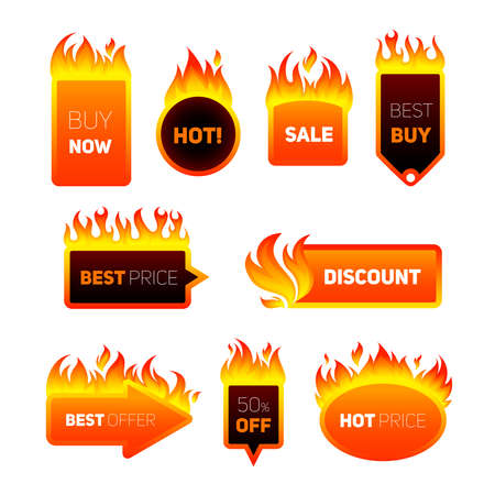 Hot price fire flame sale promotion discount badges set isolated vector illustrationのイラスト素材