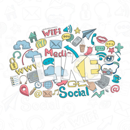 Social media concept with doodle decorative icons and like lettering vector illustrationのイラスト素材