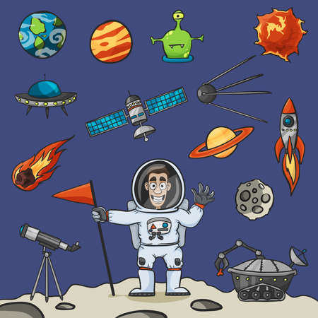 Space elements set with rocket ufo satellite and astronaut vector illustrationのイラスト素材