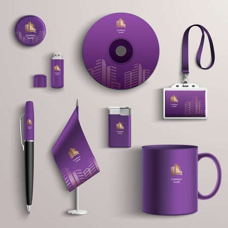 Corporate identity purple design template with branded business stationery set isolated vector illustrationのイラスト素材