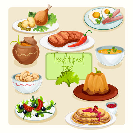 Traditional food dishes set with greek salad fried eggs chicken leg isolated vector illustrationのイラスト素材