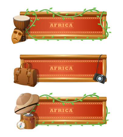 African travel horizontal banner set with expedition and adventure elements isolated vector illustrationのイラスト素材