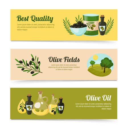 Olive horizontal banners set with quality oil fields elements isolated vector illustrationのイラスト素材