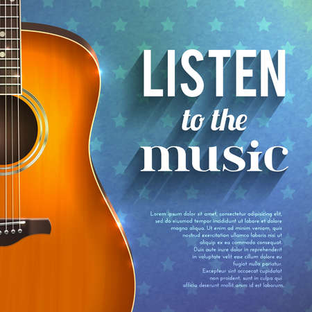 Realistic guitar on blue star background with listen to the music text vector illustrationのイラスト素材