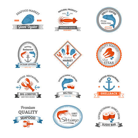 Vintage seafood traditional products restaurant emblems colored set isolated vector illustrationのイラスト素材