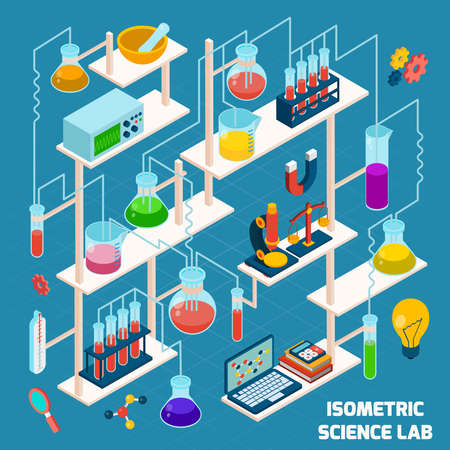 Isometric science lab research process with chemistry and physics 3d icons vector illustrationのイラスト素材