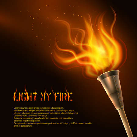 Torch flame realistic background with light my fire text vector illustrationのイラスト素材