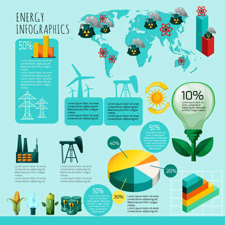 Energy infographics set with energy and power generation symbols charts and world map vector illustrationのイラスト素材