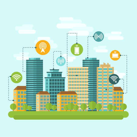 Business centre and residential downtown city area buildings computer wireless internet connection range concept abstract vector illustrationのイラスト素材