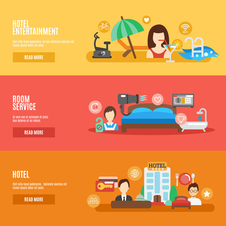 Hotel room service horizontal banner flat set isolated vector illustrationのイラスト素材