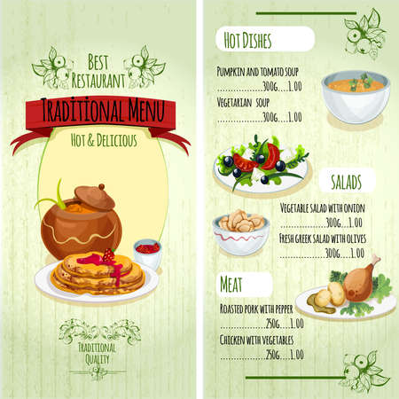 Traditional food premium restaurant menu template with hot dishes salads and meat vector illustrationのイラスト素材