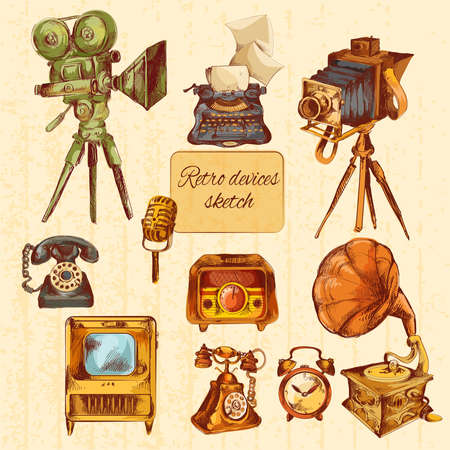 Retro devices sketch colored decorative icons set with microphone tv gramophone isolated vector illustrationのイラスト素材