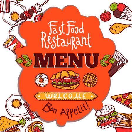 Fast food restaurant colored menu with sketch dishes drinks and enjoy your meal text vector illustrationのイラスト素材