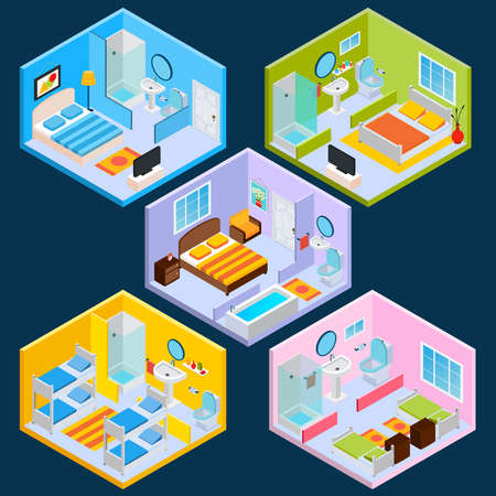 Isometric hotel interior set with 3d furniture and decoration icons isolated vector illustrationのイラスト素材