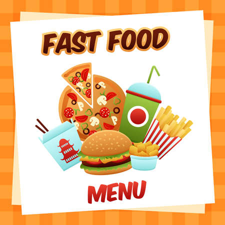 Fast food menu concept with pizza hamburger chips decorative icons set vector illustrationのイラスト素材