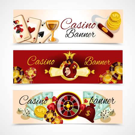 Casino horizontal banner set with roulette dice blackjack poker elements isolated vector illustrationのイラスト素材