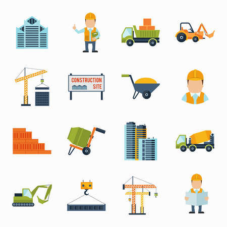 Construction worker building industrial tools icons flat set isolated vector illustrationのイラスト素材