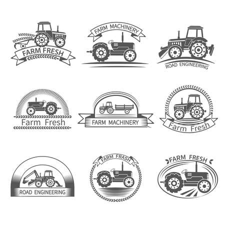Tractor driver farm and construction machinery label set isolated vector illustrationのイラスト素材