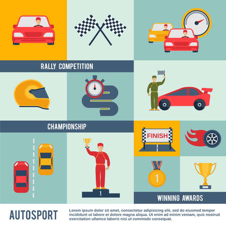 Auto sport flat icon set with rally competition championship winner awards elements isolated vector illustrationのイラスト素材