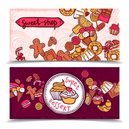 Sweetshop vintage chocolate cupcakes desserts confectionary store ginger boy cookies horizontal banners set abstract isolated vector illustrationのイラスト素材