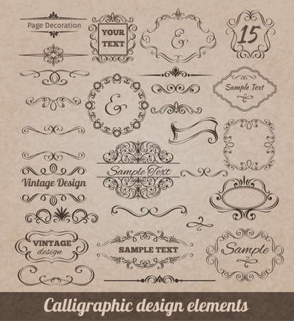 Calligraphic design elements set with card decoration scrolls and vignettes isolated vector illustrationのイラスト素材