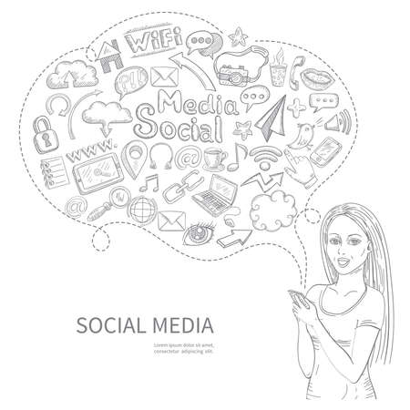 Social media concept with speech bubble and girl avatar vector illustrationのイラスト素材