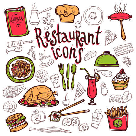 Bar restaurant food dishes doodle sketch icons composition with salmon sushi and cupcakes dessert abstract vector illustrationのイラスト素材