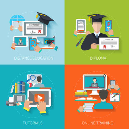Online education design concept set with distance diploma tutorials training flat icons isolated vector illustrationのイラスト素材