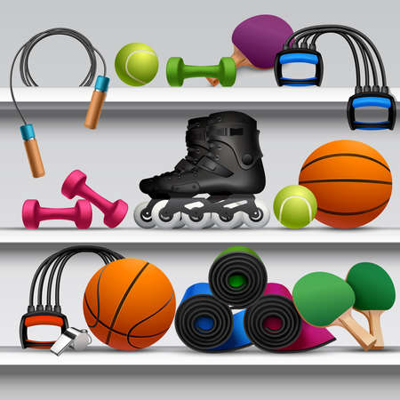 Sport store shelf with fitness equipment balls and rackets vector illustrationのイラスト素材