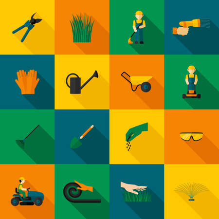 Lawn man icon flat with gardening equipment set isolated vector illustrationのイラスト素材
