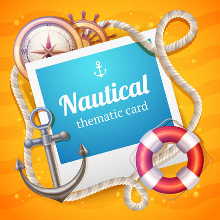 Nautical card with marine and sailing symbols set and rope frame vector illustrationのイラスト素材