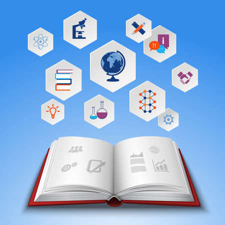 Education concept with realistic open book and hexagon knowledge icons set vector illustrationのイラスト素材
