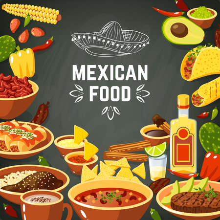 Mexican food background with traditional spicy meal and chalkboard hat vector illustrationのイラスト素材