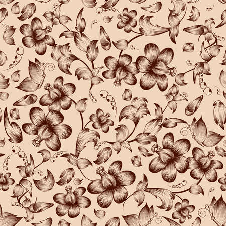 Vintage flower and butterfly sepia ornate seamless pattern vector illustrationのイラスト素材