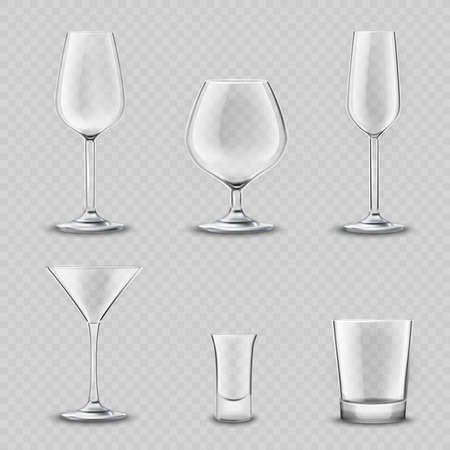 Empty alcohol drinks glassware transparent realistic 3d set isolated vector illustrationのイラスト素材