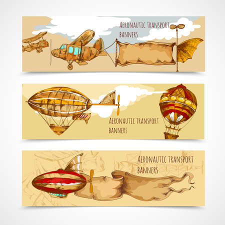 Retro aeronautic transport horizontal hand drawn banners set isolated vector illustrationのイラスト素材