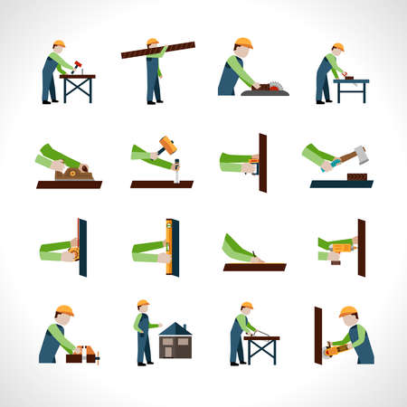 Carpenter icons set with carpentry and woodwork tools isolated vector illustrationのイラスト素材