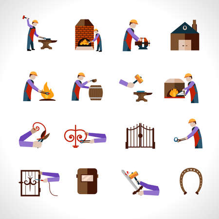 Blacksmith icons set with metal  iron steel work tools isolated vector illustrationのイラスト素材