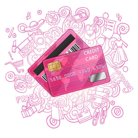 Shopping concept with commerce doodle decorative icons set and credit card vector illustrationのイラスト素材
