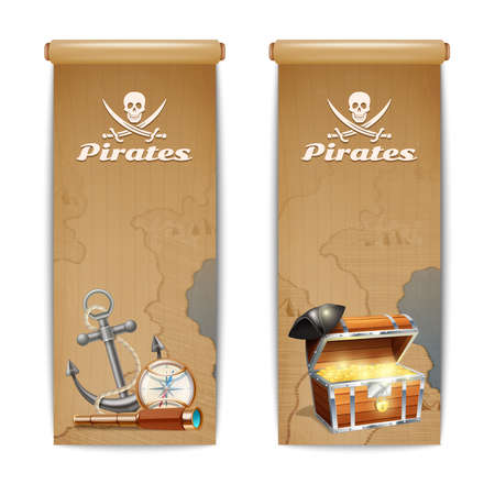Pirate banner vertical set with retro treasure hunt symbols isolated vector illustrationのイラスト素材