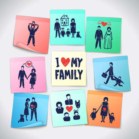 Family paper stickers set with hand drawn people figures vector illustrationのイラスト素材
