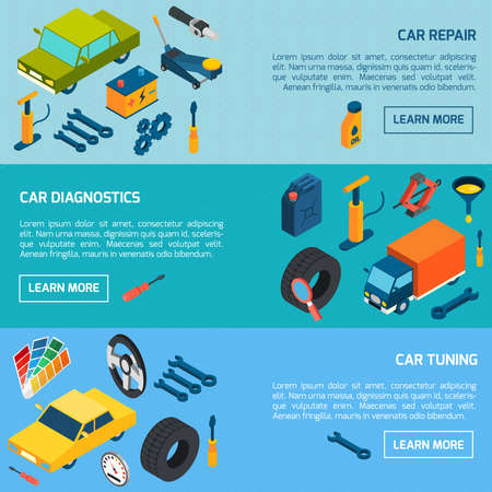 Car diagnostics repair and tuning with parts and consumables isometric horizontal banners set isolated vector illustrationのイラスト素材