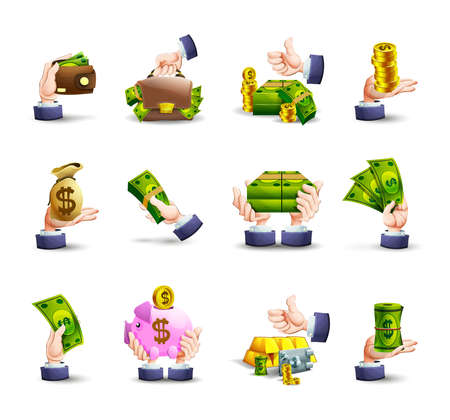 Cash payment methods hands icons set with pig savings box and green banknotes abstract vector isolated illustrationのイラスト素材
