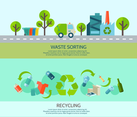 Waste sorting and recycling horizontal banners set with materials and factory flat isolated vector illustrationのイラスト素材